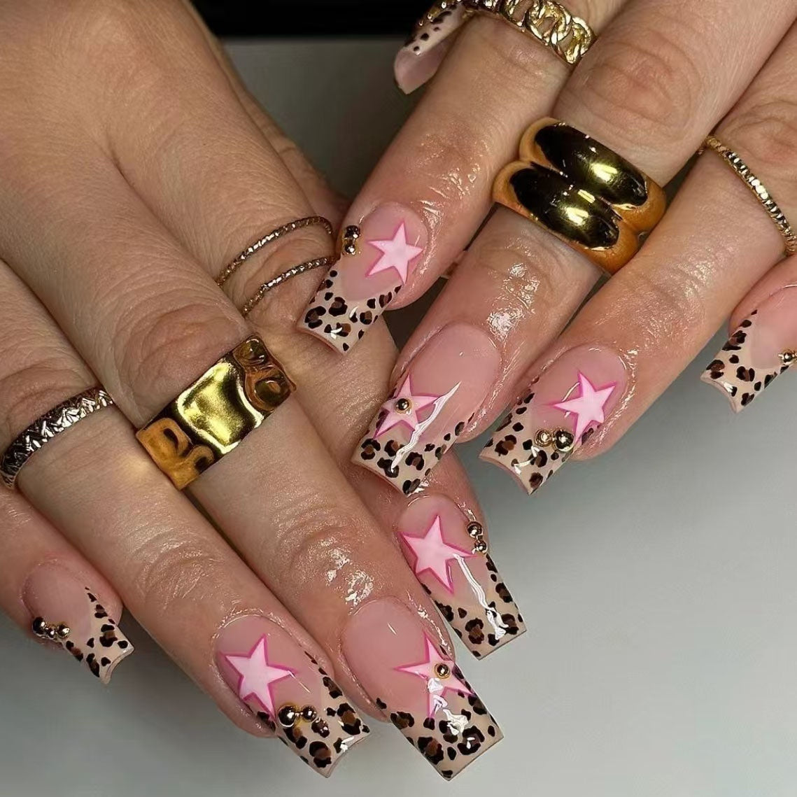 Wear Armor French Leopard Print Five-pointed Star With Pearl Diamond Wear Manicure